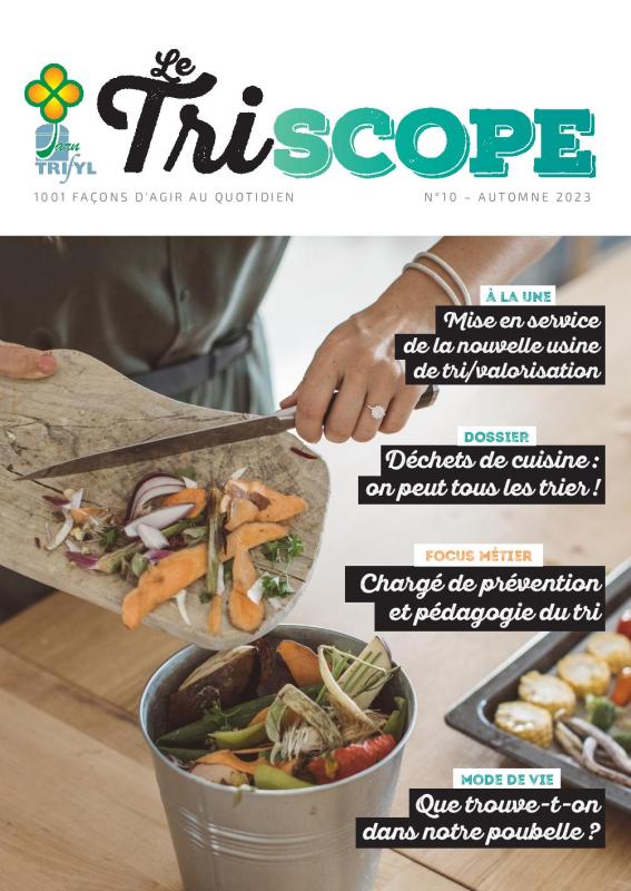 Couverture du magazine Triscope représentant une femme déposant ses déchets de cuisine dans un récipient spécifique